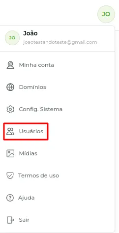 Menu direito com a opção Usuários