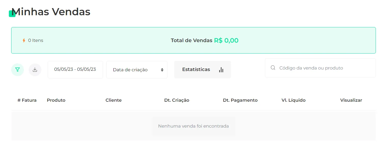 Tela de vendas com os filtros