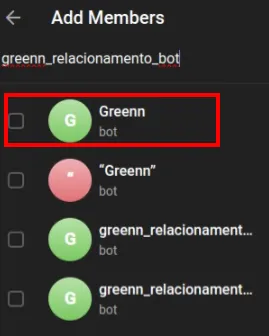 Busca pelo bot greenn_relacionamento_bot