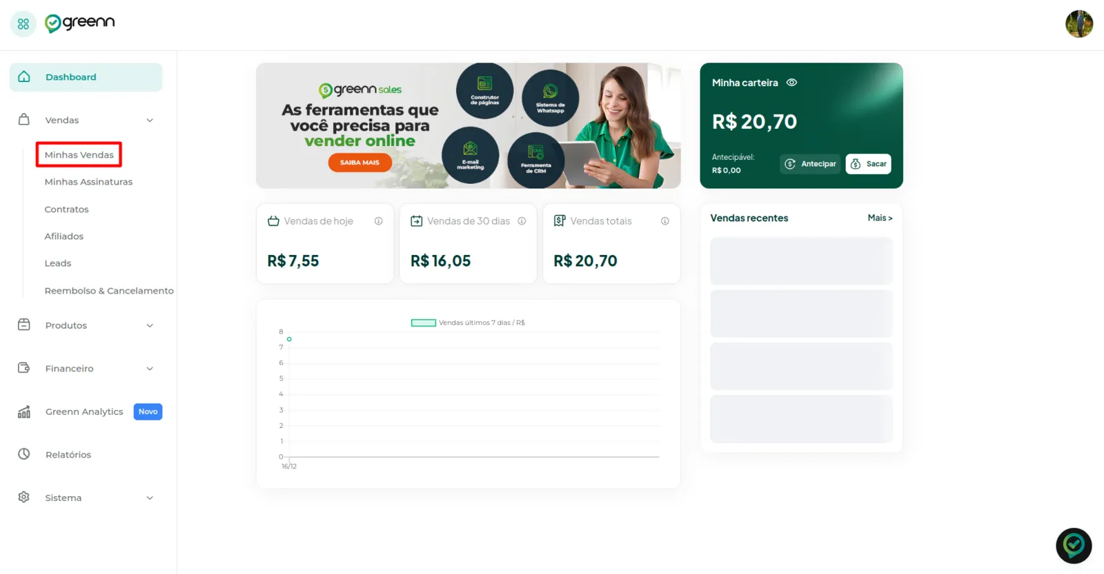 Menu Vendas com a opção Minhas Vendas