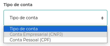 Seleção do tipo de conta, CPF ou CNPJ