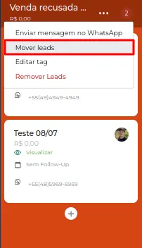 Tela do passo: ## Mover leads de Boards ou CRM