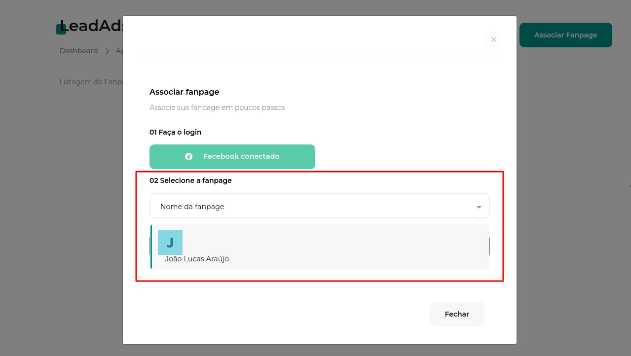Tela do passo: Após ter conectado sua conta do Facebook, basta clicar em Associar Fanpage
