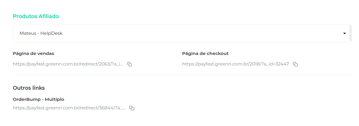 Tela com as três opções de link do produto afiliado
