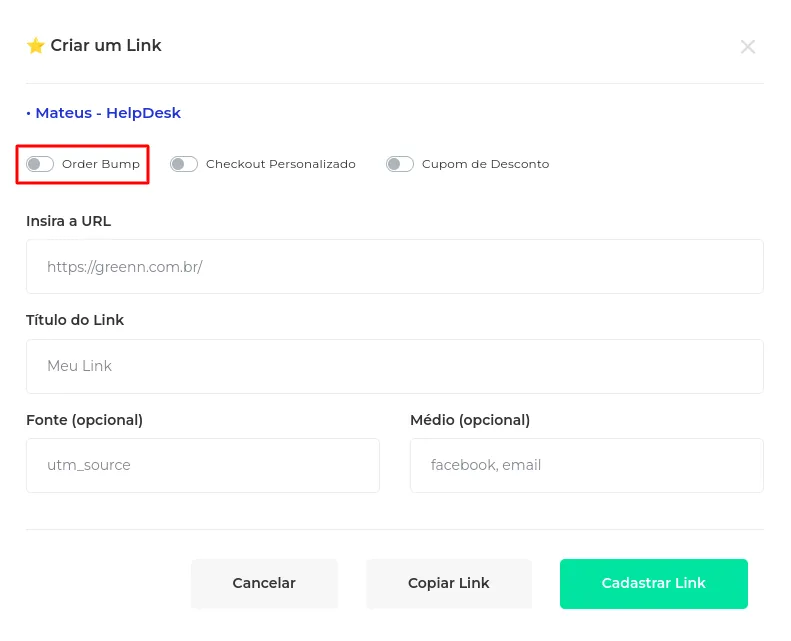 Opção OrderBump ativada na criação do link