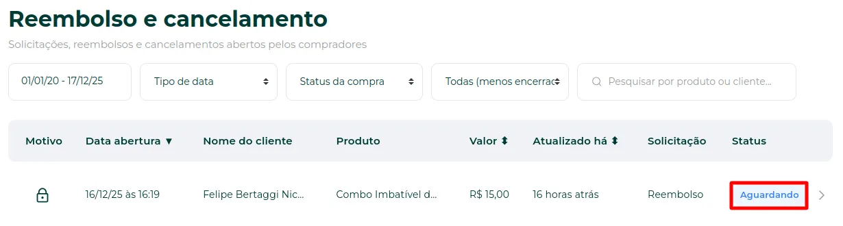 Lista de reclamações com a coluna Status