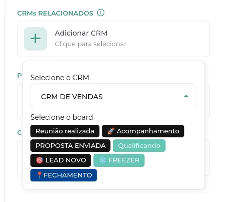 Tela da Greenn Sales: Selecione o CRM e a etapa que deseja incluí-lo