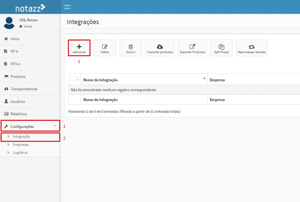 Menu Configurações do Notazz com o botão Adicionar integração