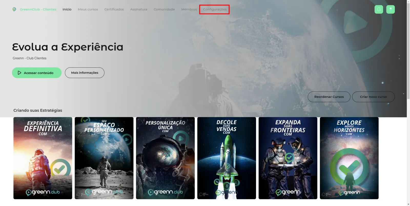 Menu com a opção Configurações