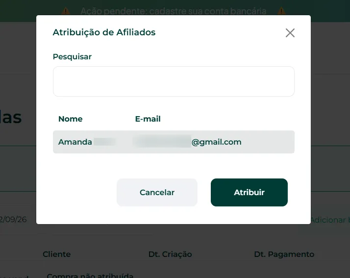 Janela para escolher o afiliado e clicar em Atribuir