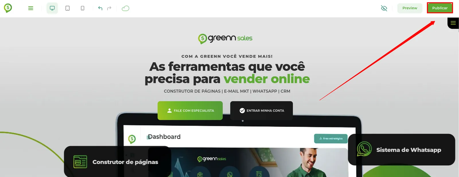 Tela da Greenn Sales: Após criar e personalizar sua página, basta posta-la na plataforma, clicar em Publicar no