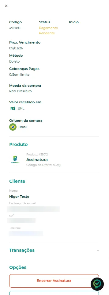 Tela de detalhes da assinatura