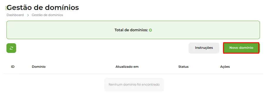 Tela do passo: Clique na opção Novo Domínio