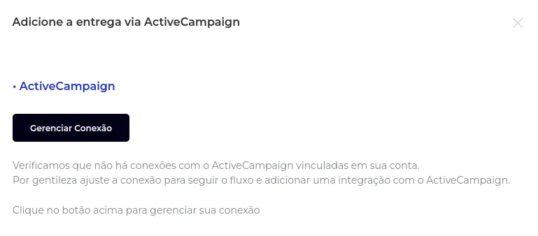 Tela da ActiveCampaign com o botão Gerenciar Conexão