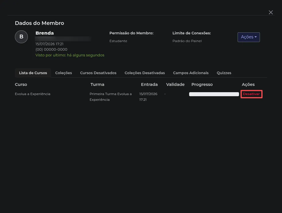 Acesso do cliente com o botão Desativar