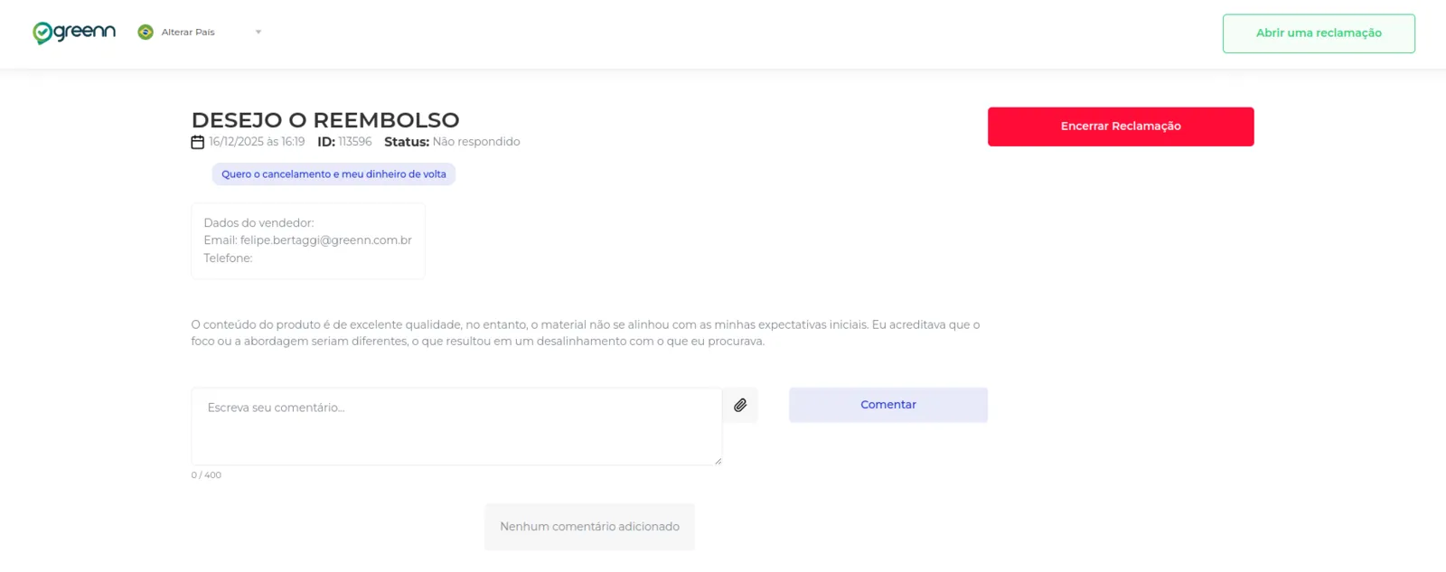 Tela com todo o histórico da reclamação