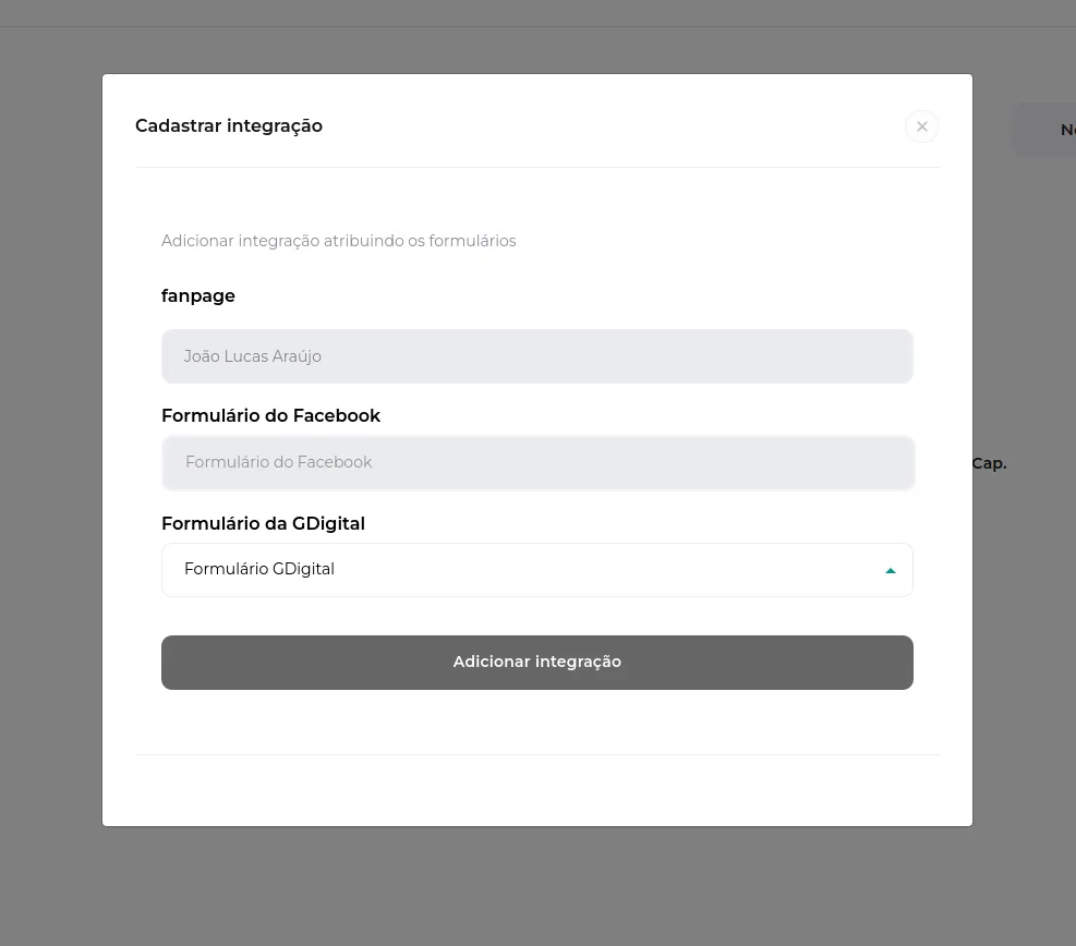 Tela do passo: Agora clique na sua Fanpage e selecione Nova integração