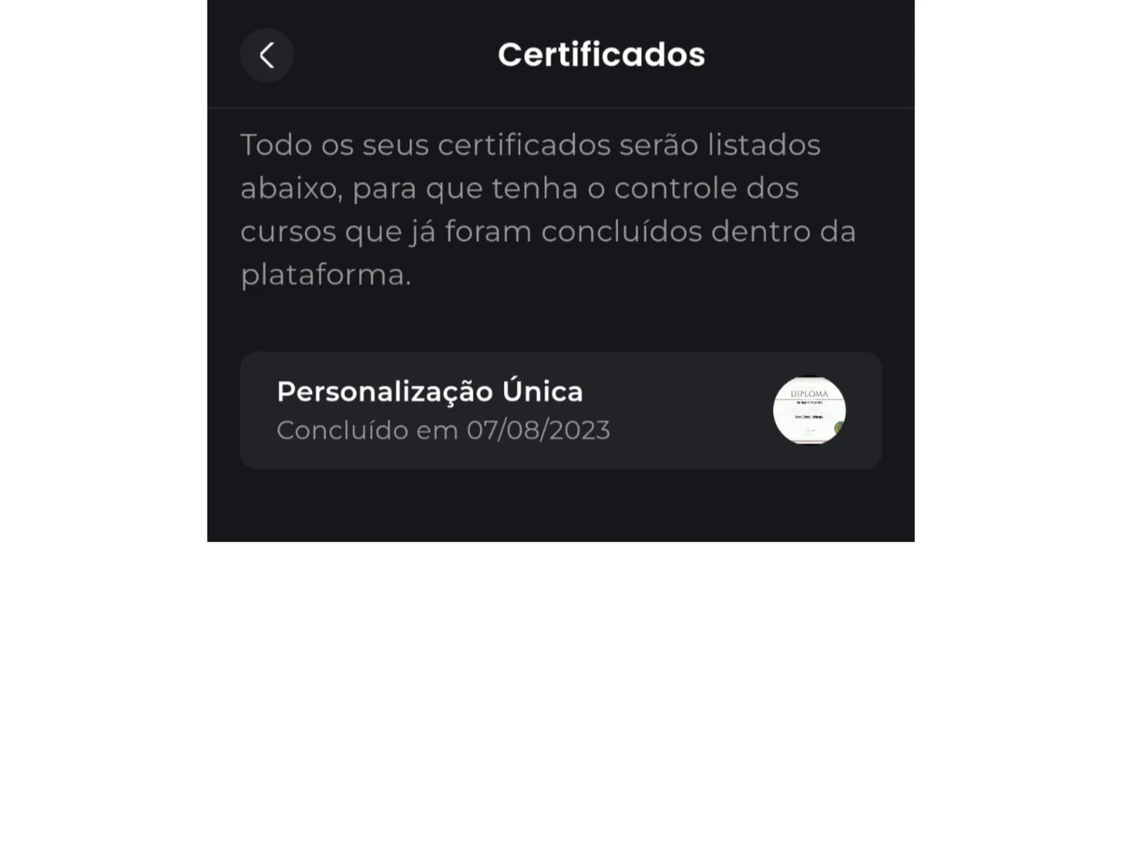 Lista de certificados dos cursos concluídos