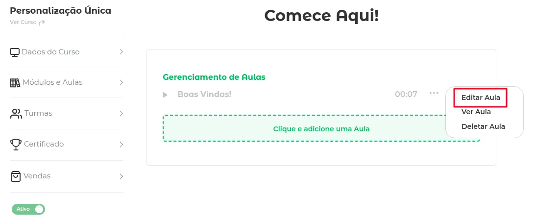 Opção Editar Aula