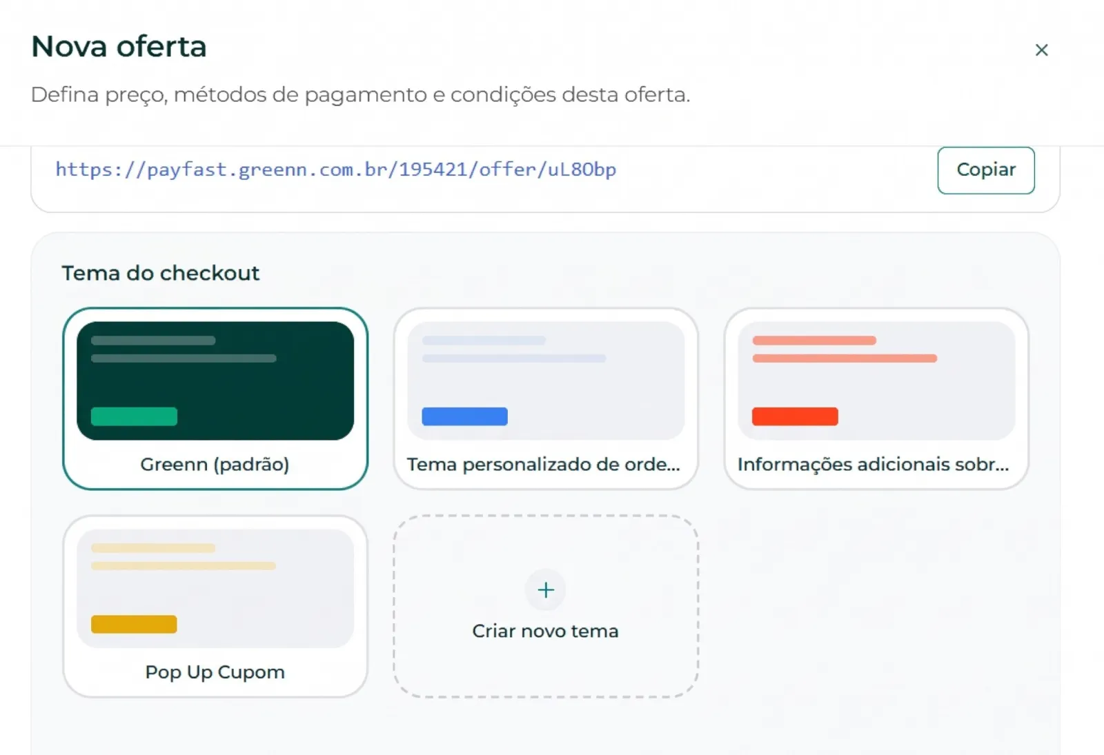Seletor de tema de checkout na nova oferta