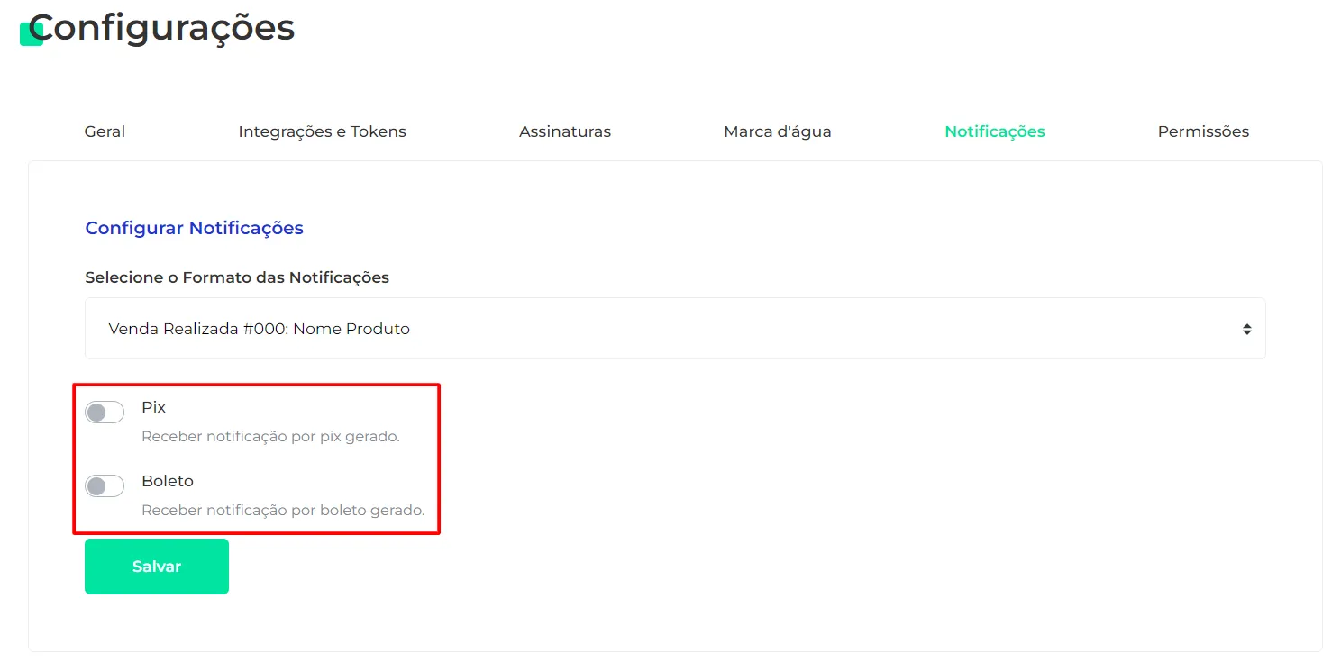 Seleção dos métodos de pagamento das notificações