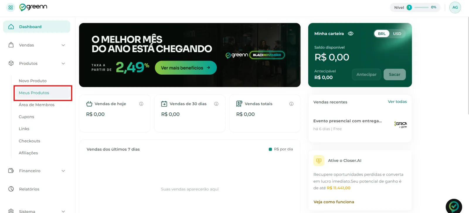 Aba Meus Produtos no painel