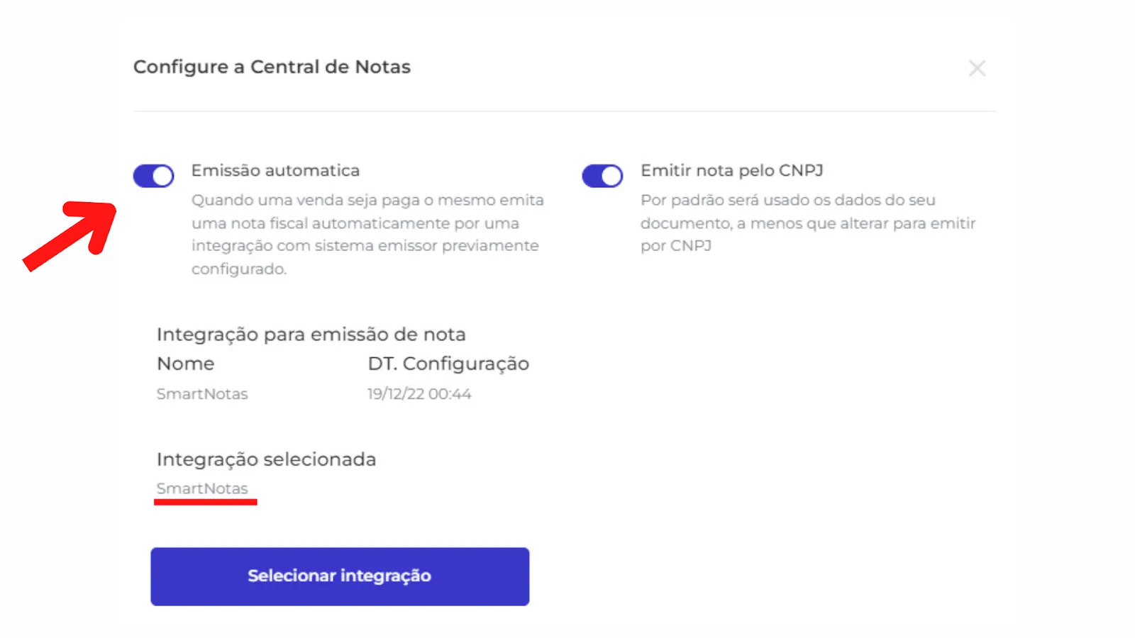 Configurações com a SmartNotas e a Emissão Automática ativada