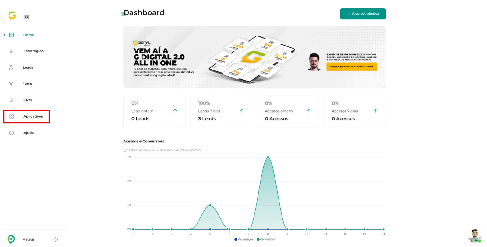 Menu Aplicativos no Dashboard