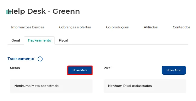 Botão Nova Meta na aba Trackeamento