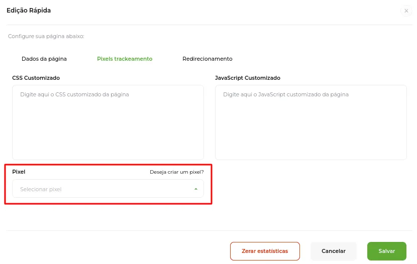 Aba Pixel e trackeamento com a lista de pixels
