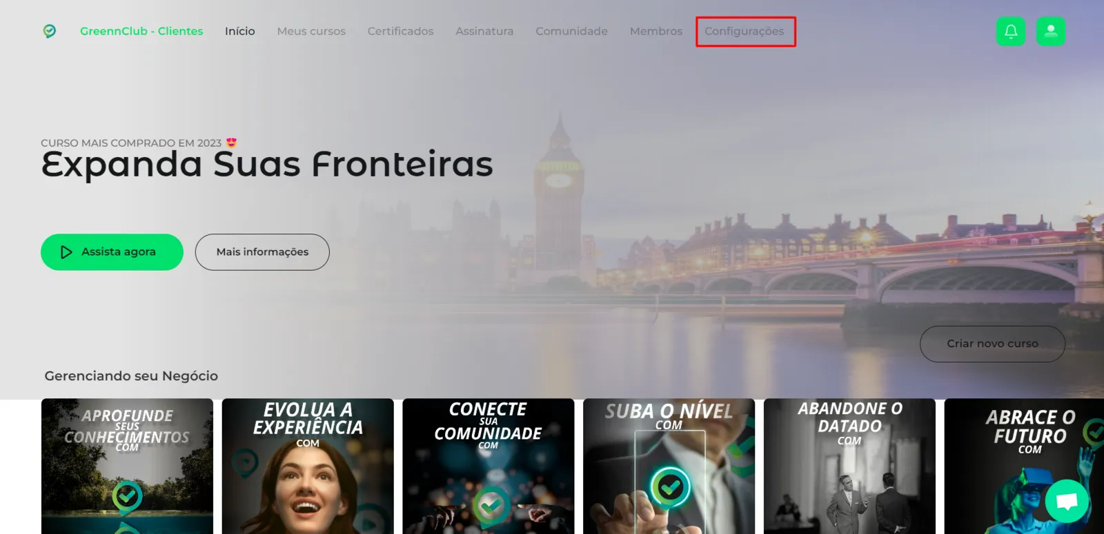 Menu do painel com a opção Configurações