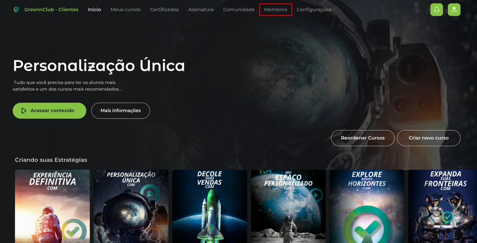 Página Membros da área de membros