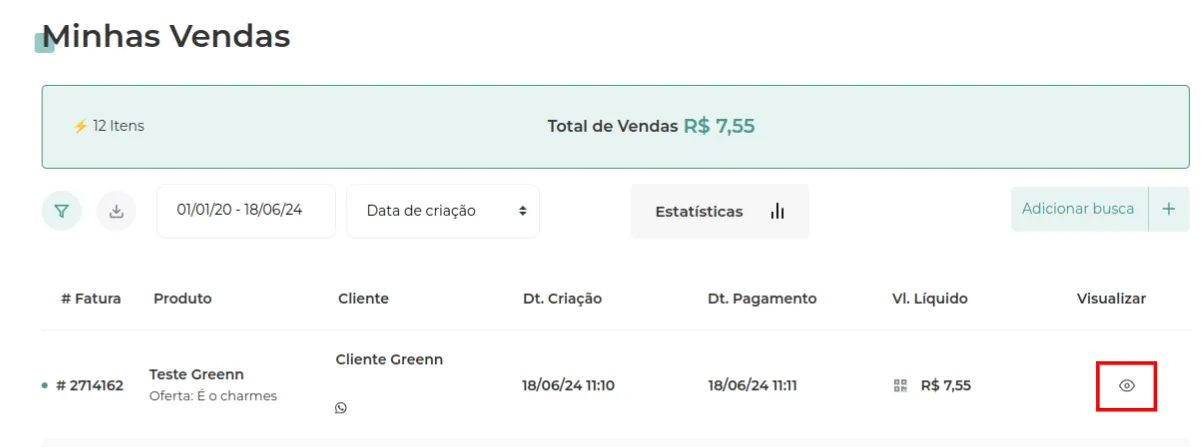 Lista de vendas com o ícone do olho