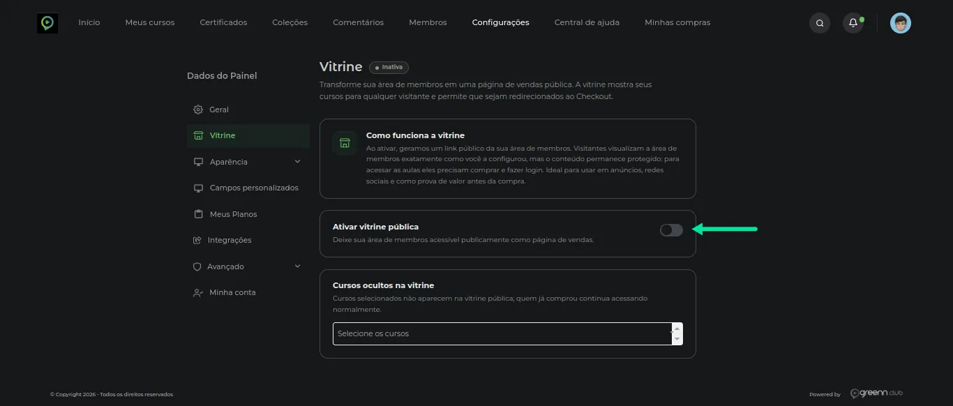 Botão Ativar vitrine pública