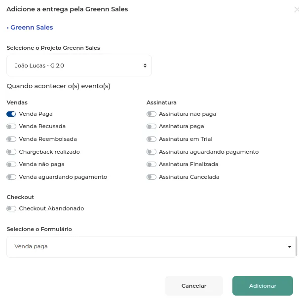 Tela da Greenn Sales: Agora basta selecionar os eventos do checkout com os designados formulários e clique em