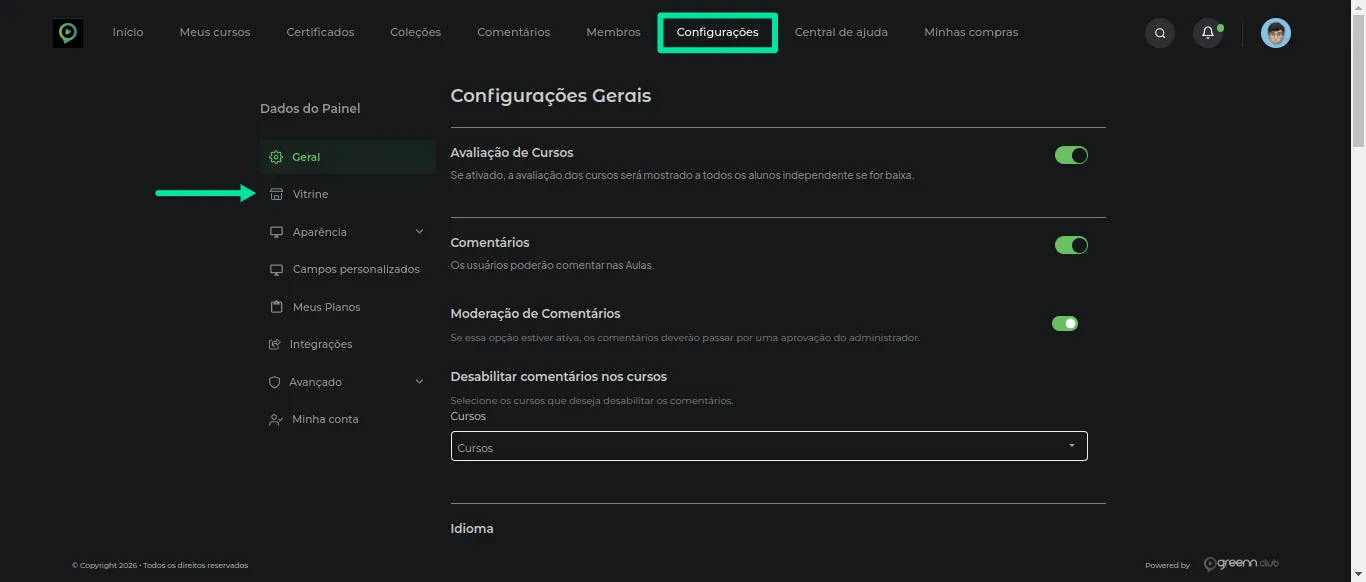 Menu lateral das configurações com a opção Vitrine