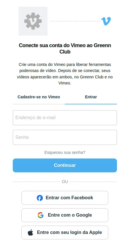 Tela de login do Vimeo