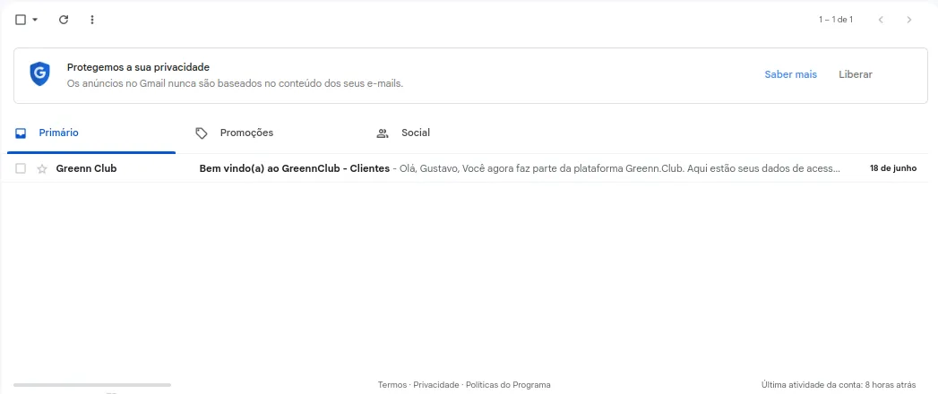 E-mail de acesso enviado pela Greenn depois da compra