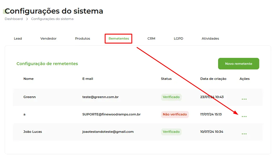 Tela da Greenn Sales: Vá até a aba de Remetentes