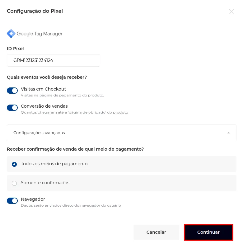 Botão Avançar da configuração do pixel