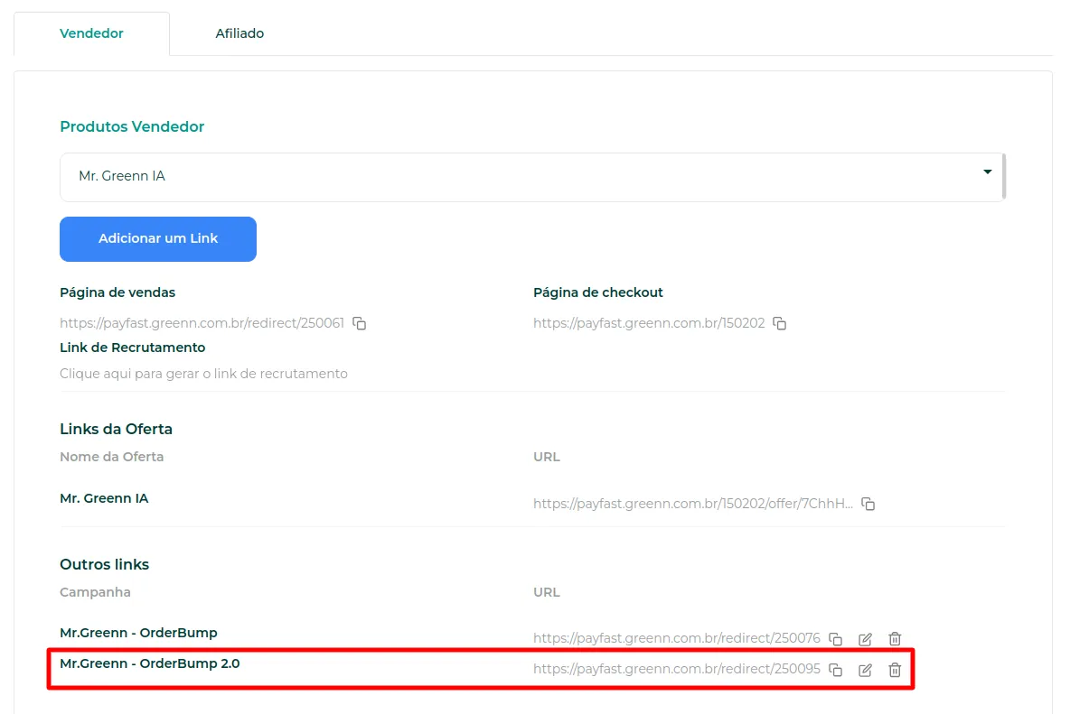 Lista de links com o novo link do order bump