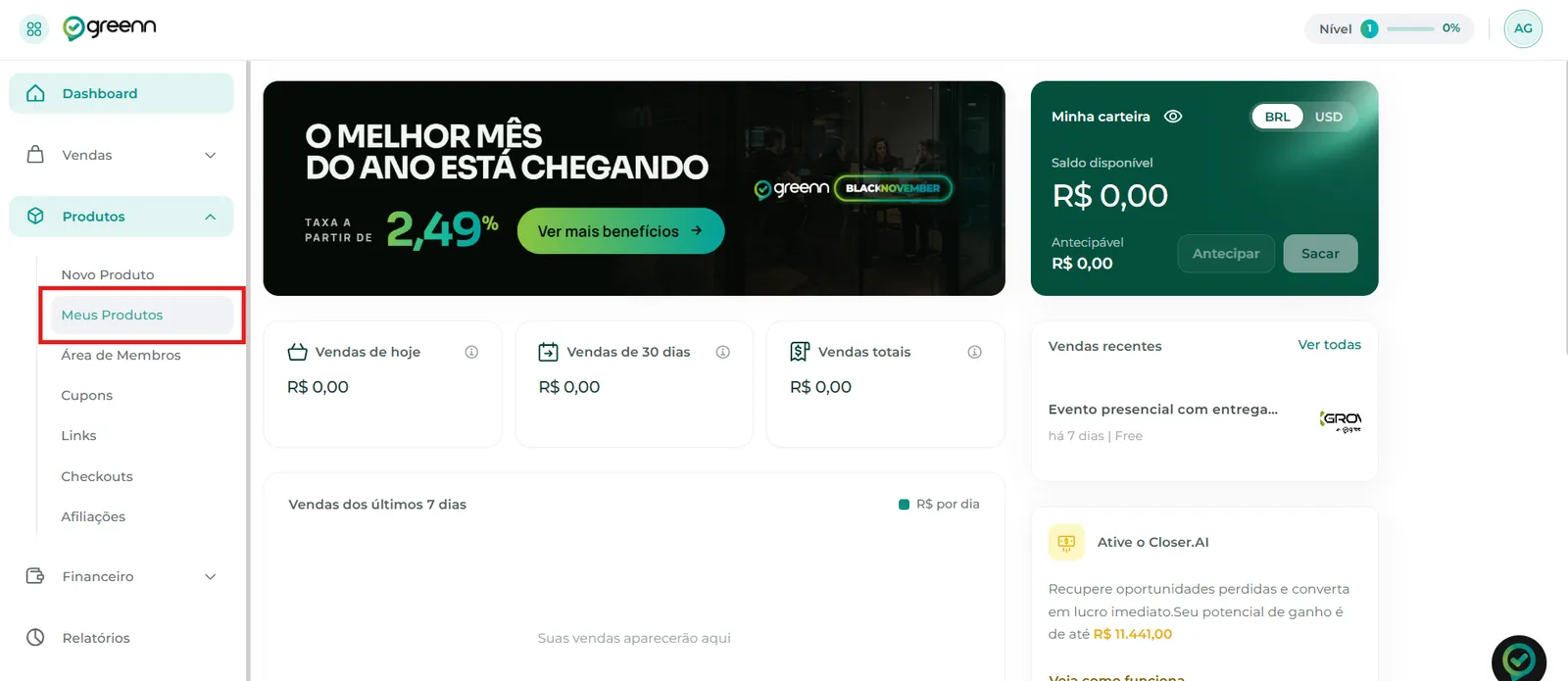 Menu Produtos com a aba Meus Produtos