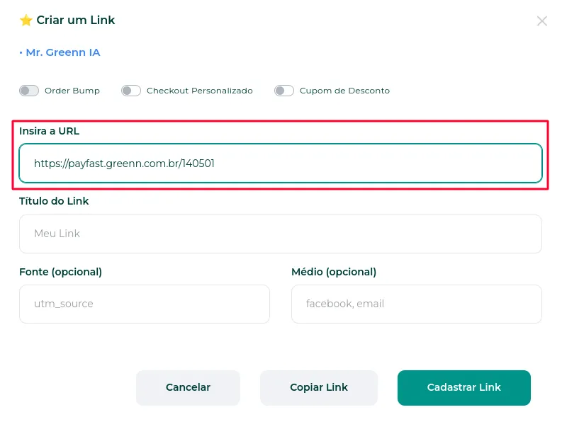 Campo de URL do link