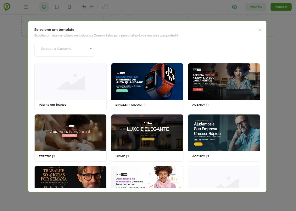 Tela do passo: Ao acessar a criação, você pode selecionar um Template para editar ele completamente