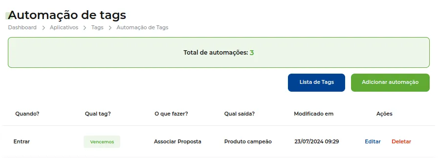 Tela da Greenn Sales: Após adicionar todas as informações, clique em Salvar Automação