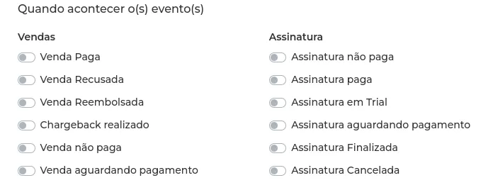 Tela de escolha dos eventos da integração