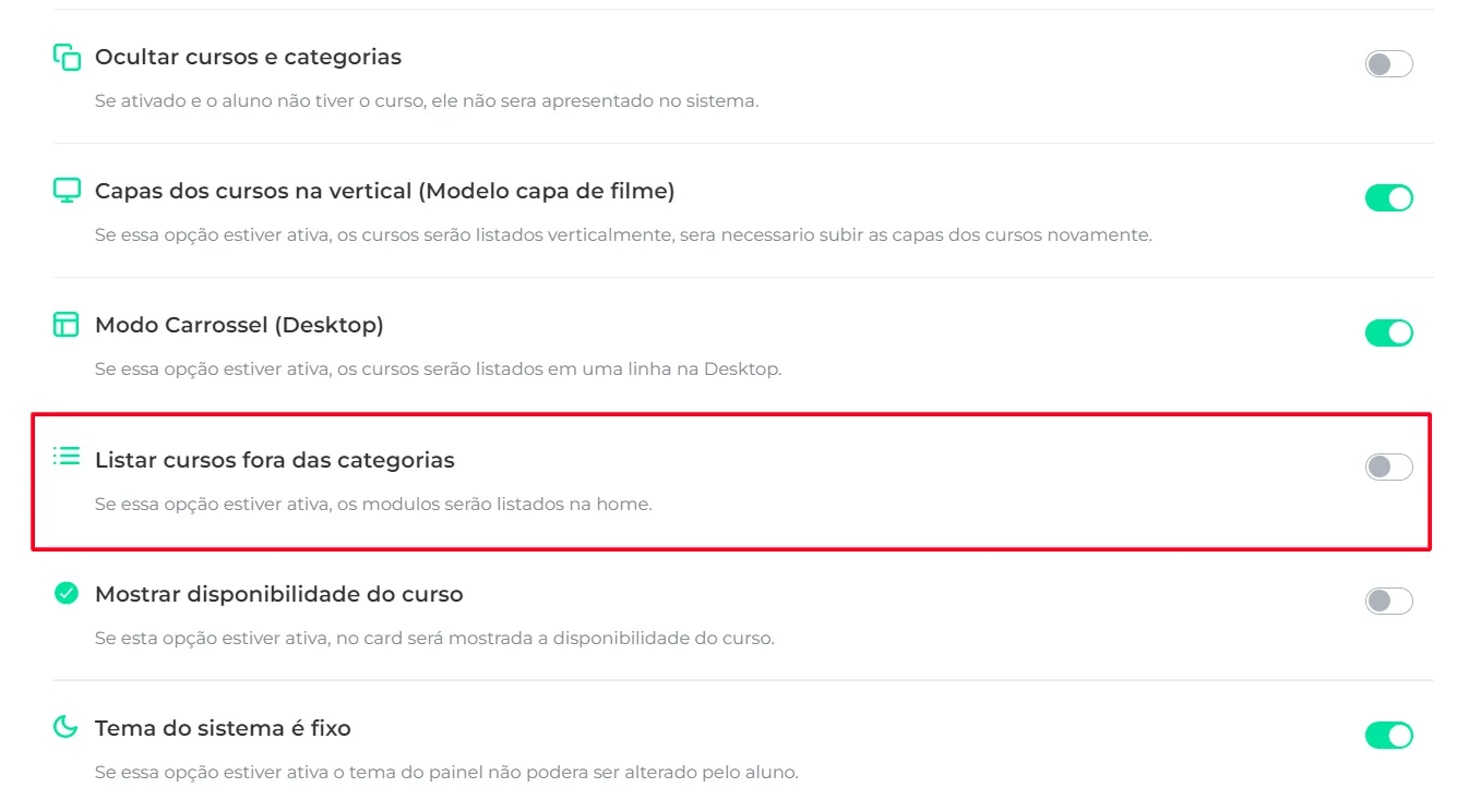 Opção Listar Cursos Fora da Categoria