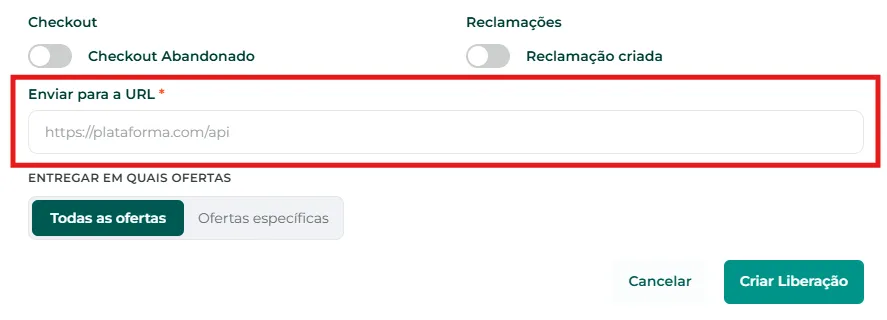 Campo URL do Webhook preenchido