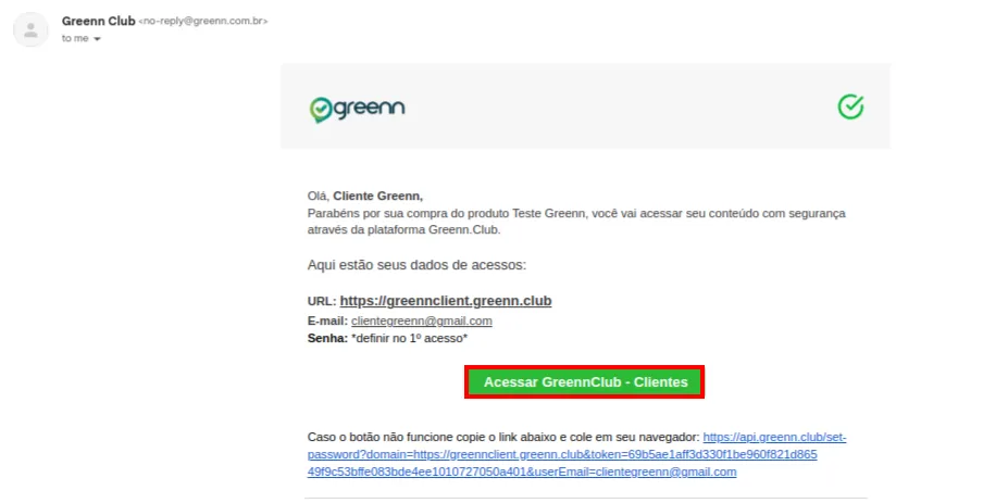 Tela do e-mail com a opção de acessar o curso