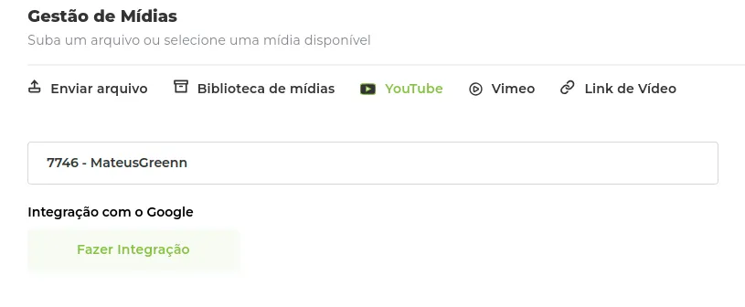 Integração do YouTube criada